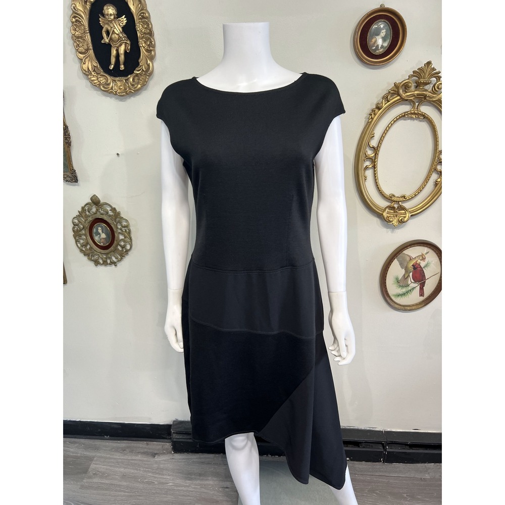St. John Black Knit Cap Sleeve Asymmetrical Hem Midi Dress Size 8